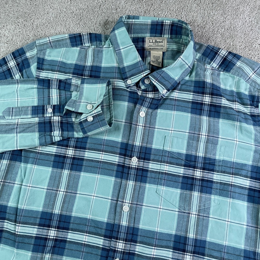 LL Bean Shirt Mens Large Blue Plaid Comfort Stretch Oxford Untucked Traditional